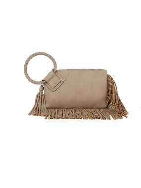 Women Taupe Fringe Leather Formal Purse Wristlet Wallet Casual Evening Handbag